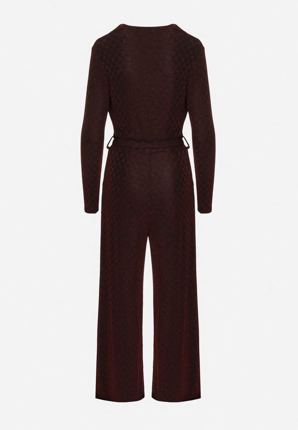 Born2be - Bordowy Kombinezon z Wiskozą Kopertowym Dekoltem i Materiałowym Paskiem Miathalise. Okazja: na spotkanie biznesowe. Kolor: czerwony. Materiał: wiskoza, materiał. Długość: długie. Styl: biznesowy