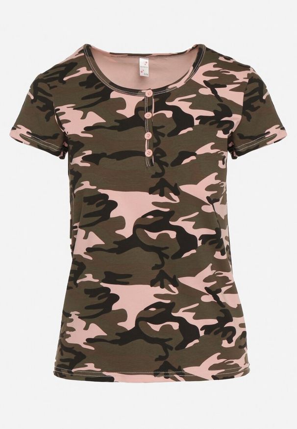 Born2be - Zielono-Różowy Bawełniany T-shirt w Moro Navaria. Okazja: na co dzień. Kolor: zielony. Materiał: bawełna. Wzór: moro. Styl: militarny, casual