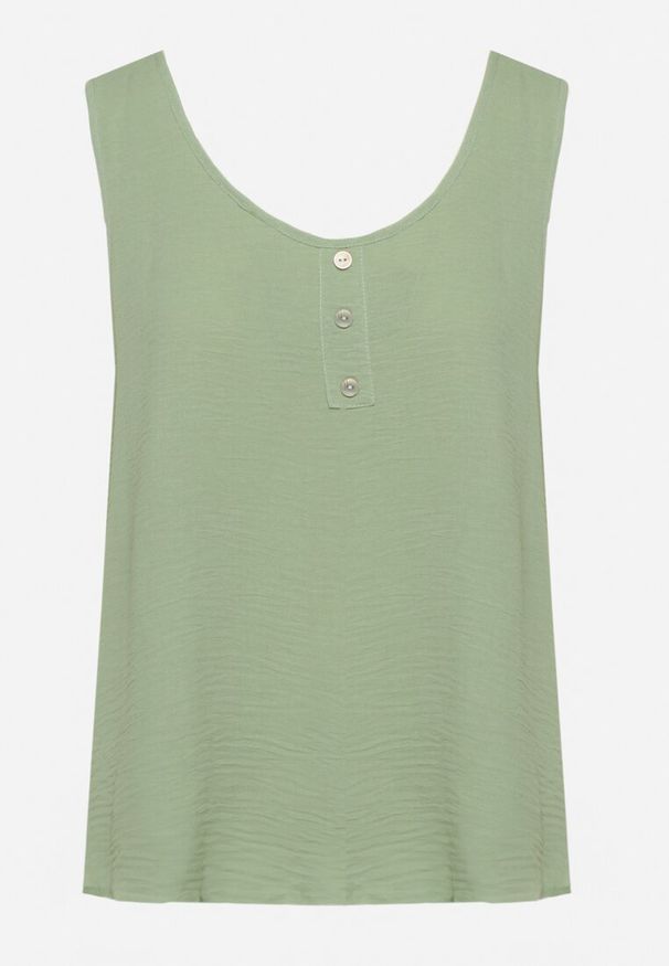 Born2be - Jasnozielony Top na Szerokich Ramiączkach Zdobiony Guzikami Jenadorea. Okazja: na co dzień. Kolor: zielony. Materiał: jeans. Długość rękawa: na ramiączkach. Wzór: aplikacja. Sezon: lato. Styl: casual