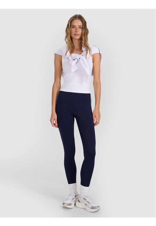 4f - 4F Legginsy dzianinowe damskie - granatowe S. Okazja: na co dzień. Kolor: niebieski. Materiał: dzianina. Wzór: gładki, ze splotem. Styl: casual