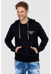 Emporio Armani - EMPORIO ARMANI Czarna bluza męska z kapturem i szarym logo, Rozmiar XL. Typ kołnierza: kaptur. Kolor: czarny. Materiał: prążkowany