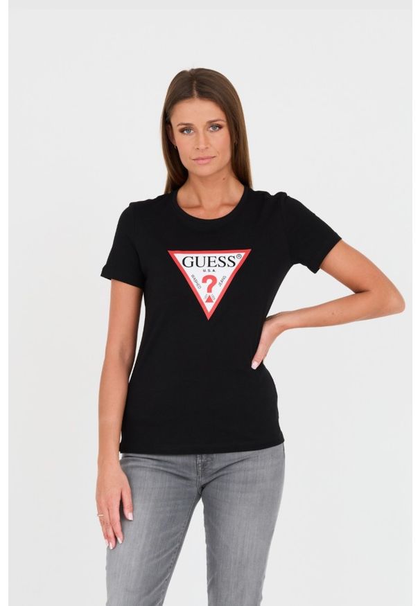 Guess - GUESS Czarny damski t-shirt bawełniany Original Tee, Rozmiar L. Kolor: czarny. Materiał: bawełna