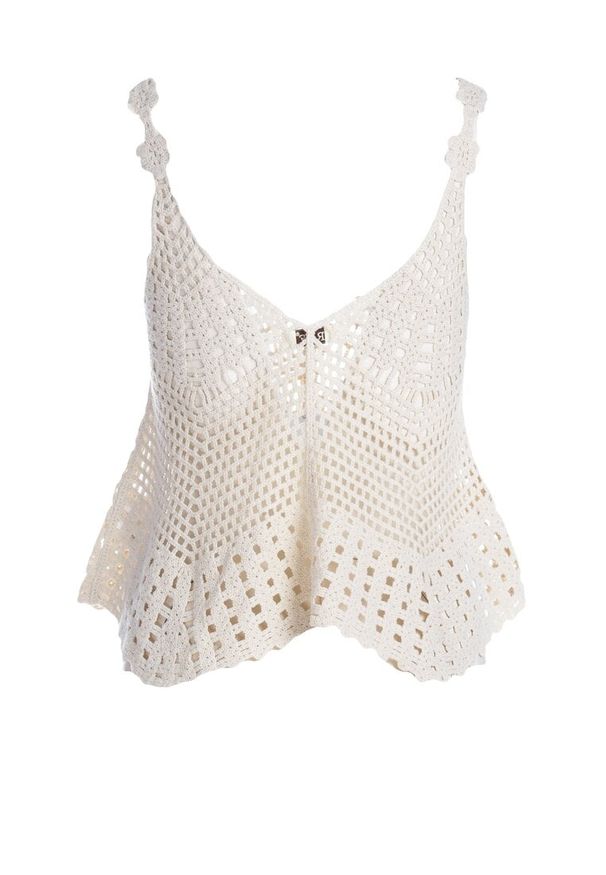 Born2be - Beżowy Bawełniany Top Boho z Ażurowej Siateczki Complacency. Okazja: na co dzień. Typ kołnierza: dekolt w kształcie V. Kolor: beżowy. Materiał: bawełna. Wzór: ażurowy. Styl: boho