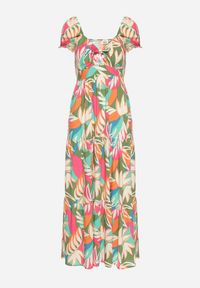 Born2be - Zielona Wiskozowa Sukienka w Kwiaty z Wiązaniem przy Dekolcie i Falbanką Meviera. Okazja: na randkę, na spacer, na co dzień. Kolor: zielony. Materiał: wiskoza. Wzór: kwiaty. Sezon: lato. Styl: casual #3