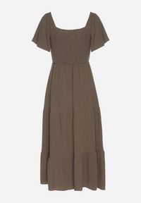 Born2be - Ciemnozielona Sukienka z Wiskozą Lnem i Elastyczną Górą Ellisena. Okazja: na co dzień, na spacer. Kolor: zielony. Materiał: len, wiskoza. Typ sukienki: proste. Styl: klasyczny, casual, elegancki #7