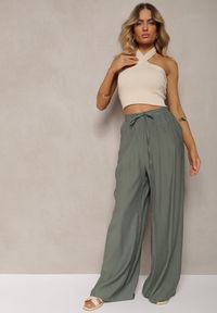 Renee - Ciemnozielone Wiskozowe Spodnie Szerokie z Gumką i Sznurkiem w Pasie Tarallia. Okazja: na co dzień. Kolor: zielony. Materiał: wiskoza. Styl: elegancki, casual #6