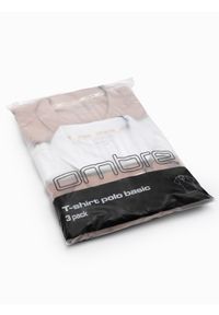 Ombre Clothing - Komplet bawełnianych t-shirtów męskich polo BASIC – biały/cielisty/jasnobrązowy V6 OM-POBS-0133 - XXL. Typ kołnierza: polo. Kolor: biały. Materiał: bawełna. Wzór: haft. Styl: klasyczny, sportowy #4