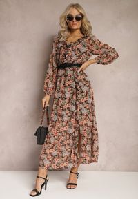 Renee - Czarno-Beżowa Sukienka Rozkloszowana w Kwiaty z Gumką w Pasie Bledareta. Kolor: beżowy. Materiał: materiał. Wzór: kwiaty #4