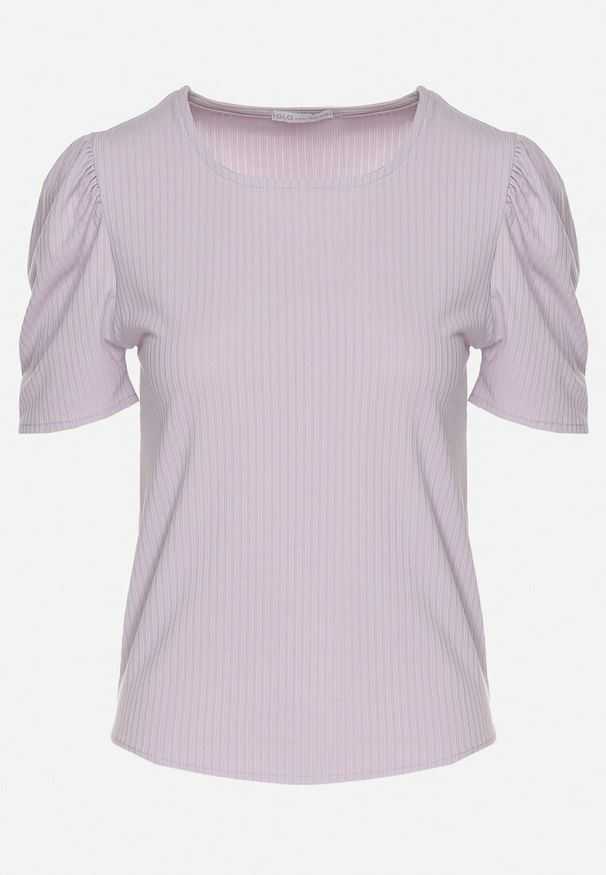 Born2be - Jasnofioletowy Prążkowany T-shirt z Zakładkami przy Rękawach Kolanovia. Okazja: na co dzień. Kolor: fioletowy. Materiał: prążkowany. Styl: casual
