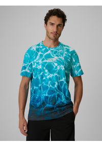 4f - 4F T-shirt relaxed z nadrukiem męski - turkusowy S. Okazja: na co dzień. Kolor: turkusowy. Materiał: materiał, bawełna, dzianina. Wzór: nadruk. Styl: casual, klasyczny #1