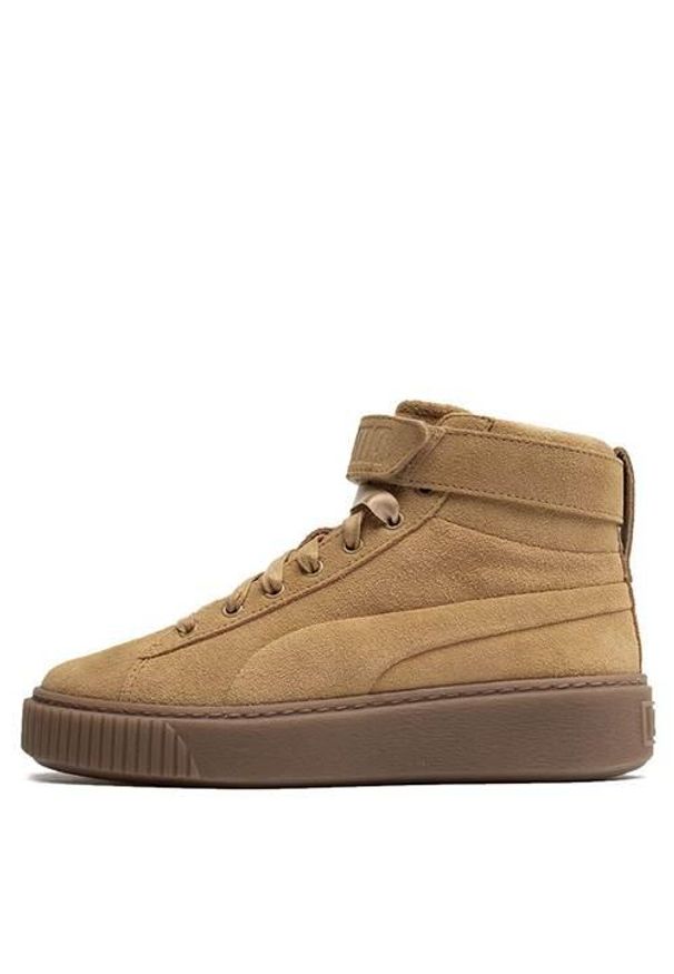 Buty do chodzenia damskie Puma Suede Platform Mid Jr. Zapięcie: rzepy. Kolor: brązowy. Materiał: materiał, skóra, tkanina, syntetyk. Szerokość cholewki: normalna. Obcas: na platformie. Model: Puma Suede. Sport: turystyka piesza