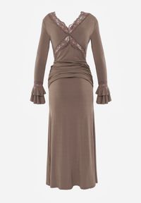 Renee - Brązowa Wiskozowa Sukienka Wieczorowa z Falbanami Koronką i Wiązanym Trenem Lenivna. Okazja: na wesele, na ślub cywilny. Kolor: brązowy. Materiał: wiskoza, koronka. Wzór: koronka. Styl: wizytowy #5
