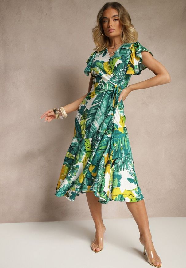 Renee - Zielona Sukienka o Rozkloszowanym Kroju z Wiązaniem z Motywem Roślinnym Janiraena. Okazja: na co dzień. Typ kołnierza: dekolt w kształcie V. Kolor: zielony. Wzór: aplikacja. Styl: casual, elegancki