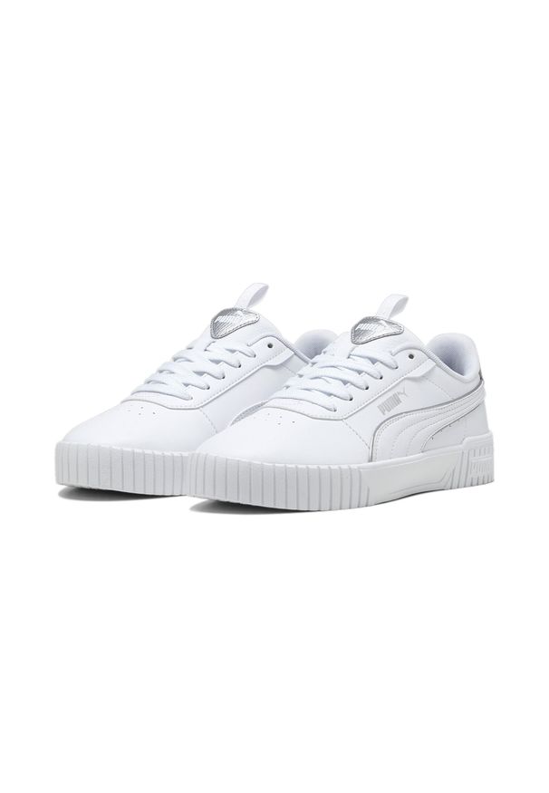 Puma - Damskie sneakersy Carina 2.0 Pop Up Metallics PUMA. Kolor: szary, biały, wielokolorowy. Materiał: skóra. Wzór: aplikacja. Sezon: lato. Sport: turystyka piesza
