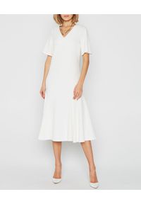 MARLU - Biała sukienka Ingrid. Okazja: do pracy. Kolor: biały. Materiał: wiskoza, elastan, materiał. Wzór: gładki. Typ sukienki: proste, rozkloszowane. Długość: midi #5