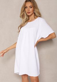Renee - Biała Trapezowa Sukienka Mini z Krótkim Rękawem Abragala. Kolor: biały. Długość rękawa: krótki rękaw. Typ sukienki: trapezowe. Długość: mini #4