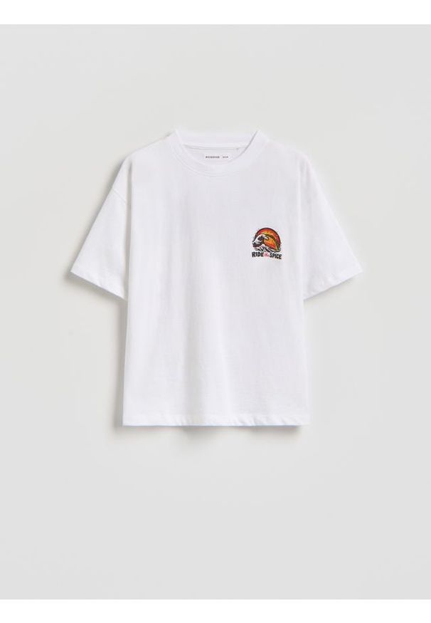 Reserved - Bawełniany t-shirt z nadrukiem - złamana biel. Materiał: bawełna. Wzór: nadruk
