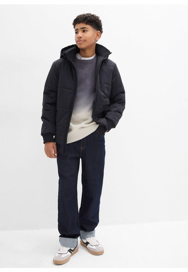 bonprix - Zimowa kurtka pikowana o kroju bomberki z kapturem. Typ kołnierza: kaptur. Kolor: czarny. Materiał: prążkowany. Sezon: zima