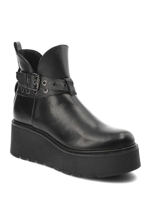 Czarne Botki Armodo Damskie Buty Ze Skóry Naturalnej. Zapięcie: pasek. Kolor: czarny. Materiał: skóra. Wzór: grochy. Obcas: na platformie