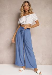 Renee - Niebieskie Spodnie Palazzo High Waist z Bawełny Wykończone Gumką w Talii Nellsea. Okazja: na co dzień. Stan: podwyższony. Kolor: niebieski. Materiał: bawełna. Styl: casual, elegancki