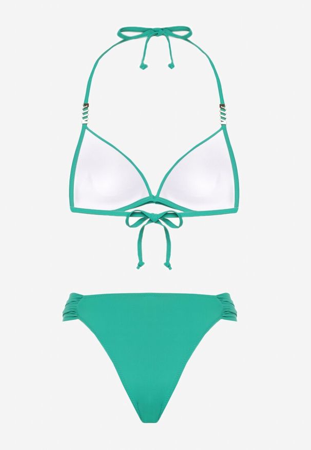 Born2be - Ciemnozielone Bikini Biustonosz Push Up z Wiązaniem i Majtki Figi Miraviela. Kolor: zielony. Wzór: ażurowy, haft