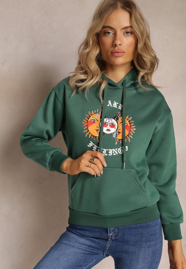 Renee - Ciemnozielona Bluza Kangurka z Nadrukiem i Kapturem Uvella. Kolor: zielony. Wzór: nadruk