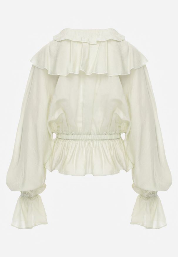 Renee - Zielona Bluzka w Typie Boho Ozdobiona Falbanami Sarlyss. Okazja: na co dzień. Typ kołnierza: dekolt w kształcie V. Kolor: zielony. Materiał: jeans. Długość rękawa: długi rękaw. Długość: długie. Wzór: aplikacja. Styl: boho