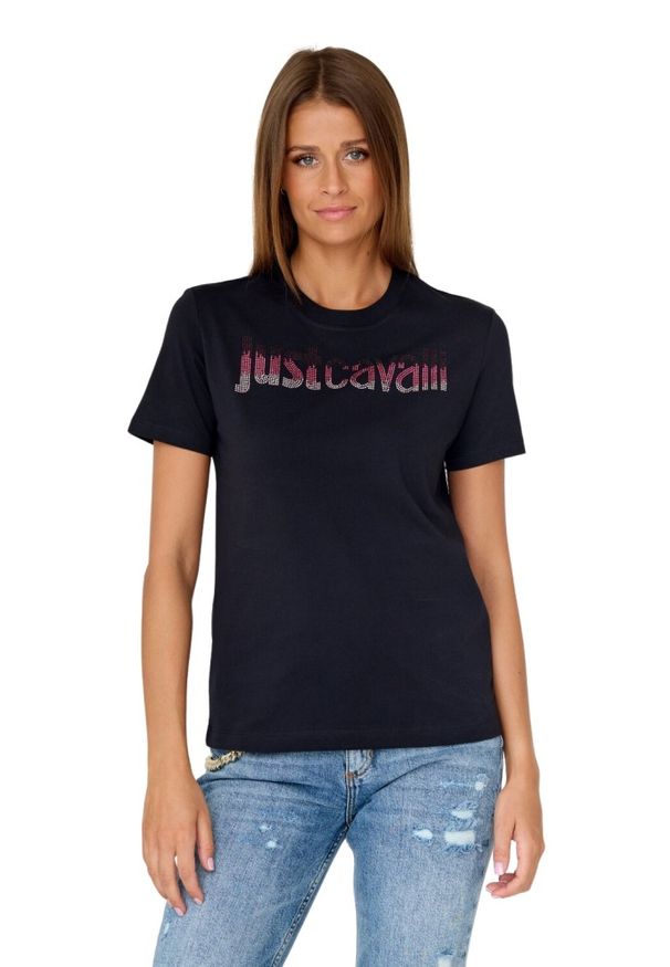 Just Cavalli - JUST CAVALLI Czarny damski t-shirt R LOGO CRYSTAL, Rozmiar L. Kolor: czarny. Materiał: bawełna