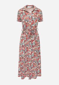 Renee - Czerwono-Zielona Rozkloszowana Sukienka z Wiskozą Zapinana na Guziki Ozdobiona Paskiem Dimica. Okazja: na co dzień. Typ kołnierza: dekolt w kształcie V. Kolor: czerwony. Materiał: wiskoza. Długość rękawa: krótki rękaw. Wzór: aplikacja. Styl: klasyczny, casual #3