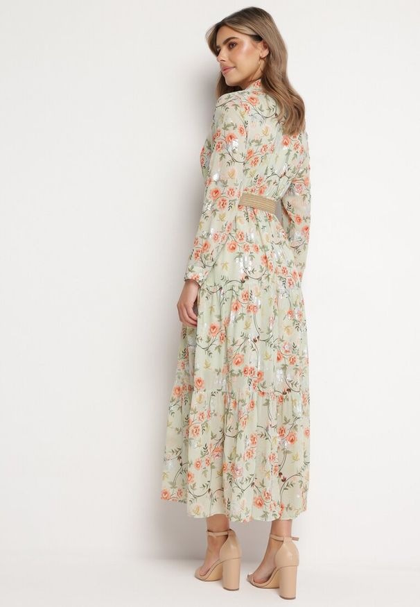 Born2be - Miętowa Rozkloszowana Sukienka Maxi z Kołnierzykiem i Plecionym Paskiem Celline. Kolor: miętowy. Wzór: kwiaty, nadruk, aplikacja. Typ sukienki: kopertowe. Długość: maxi