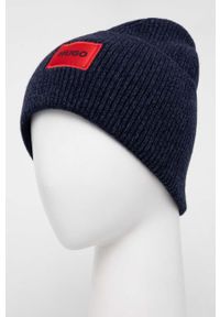 Hugo - HUGO czapka wełniana kolor granatowy z cienkiej dzianiny wełniana. Kolor: niebieski. Materiał: wełna, dzianina #2