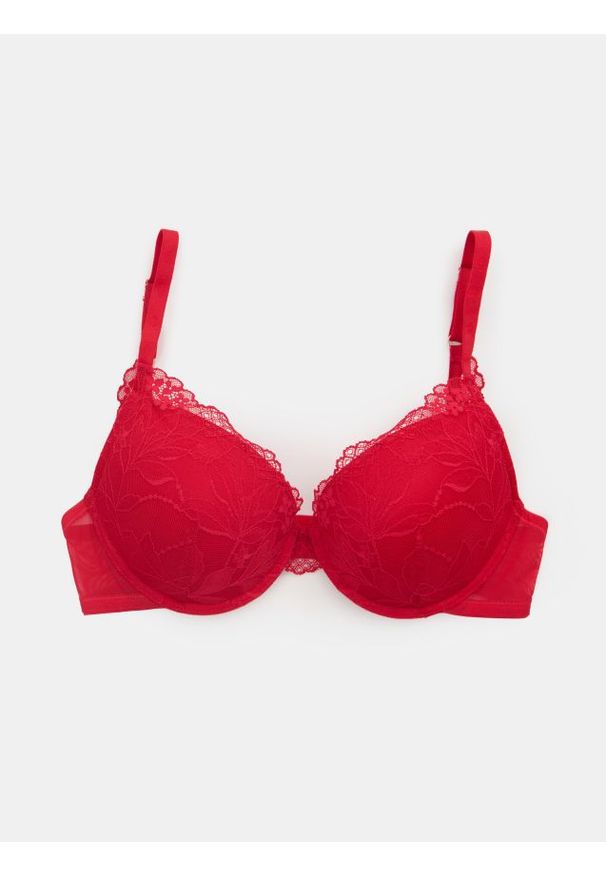 Sinsay - Biustonosz Extra Push-Up z koronką - czerwony. Kolor: czerwony. Materiał: koronka. Rodzaj stanika: push-up. Wzór: koronka