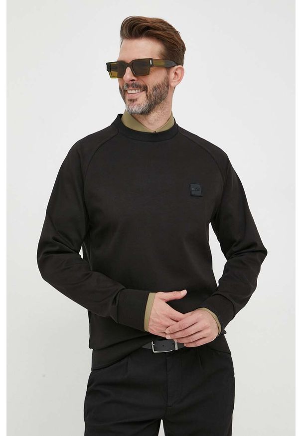 BOSS bluza męska kolor czarny gładka. Kolor: czarny. Materiał: dzianina, prążkowany. Długość rękawa: raglanowy rękaw. Wzór: gładki