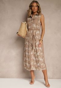 Renee - Ciemnobeżowa Sukienka Koszulowa z Wiązanym Paskiem i Haftowanym Zdobieniem Malenea. Okazja: na co dzień. Kolor: beżowy. Materiał: jeans. Długość rękawa: bez rękawów. Wzór: aplikacja, haft. Typ sukienki: koszulowe. Styl: klasyczny, elegancki, casual #3