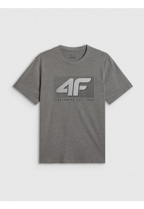 4f - 4F T-shirt regular z nadrukiem męski - szary S. Okazja: na co dzień. Kolor: szary. Materiał: dresówka, materiał, dzianina, jeans, skóra. Wzór: nadruk. Styl: klasyczny, casual