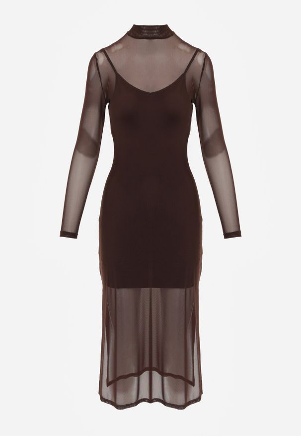 Born2be - Brązowa Prześwitująca Sukienka Siateczkowa z Halką Kuma. Okazja: na co dzień. Kolor: brązowy. Materiał: wiskoza, jeans. Długość rękawa: na ramiączkach. Typ sukienki: proste. Styl: casual, elegancki, klasyczny