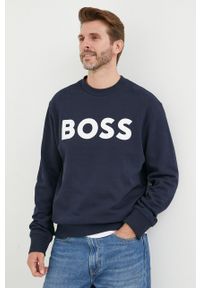 BOSS Orange - Boss Orange bluza bawełniana męska kolor granatowy z nadrukiem. Kolor: niebieski. Materiał: bawełna. Wzór: nadruk