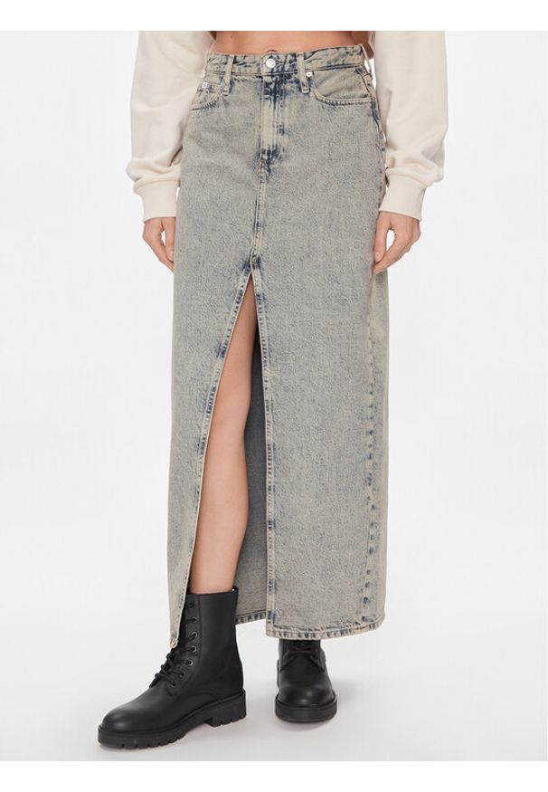 Calvin Klein Jeans Spódnica jeansowa Front Split Maxi Denim Skirt J20J222869 Niebieski Slim Fit. Kolor: niebieski. Materiał: bawełna