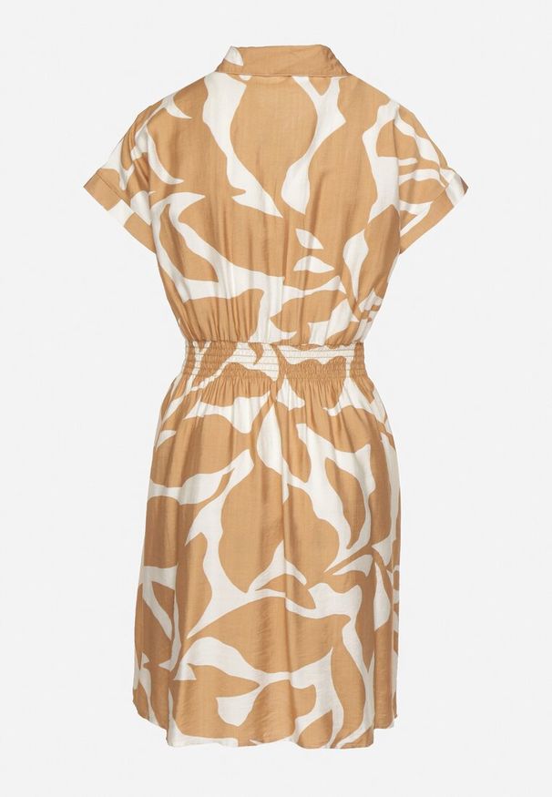Born2be - Beżowa Taliowana Sukienka z Wiskozą z Geometrycznym Wzorem Galadira. Okazja: na co dzień, na imprezę, na spacer. Kolor: beżowy. Materiał: wiskoza. Wzór: geometria. Styl: casual, klasyczny