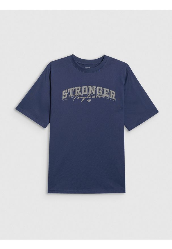 4f - 4F T-shirt loose z nadrukiem chłopięcy - granatowy 134/140 (8-10 lat). Okazja: na co dzień. Kolor: niebieski. Materiał: dzianina, skóra, bawełna. Wzór: nadruk. Sezon: lato. Styl: casual