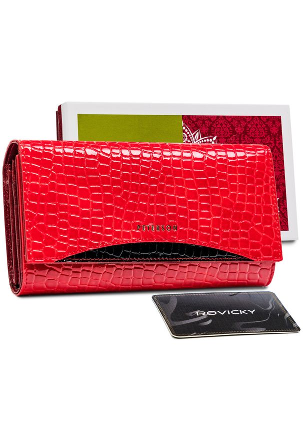 Portfel skórzany Peterson croco czerwony PTN MC-490. Kolor: czerwony. Materiał: skóra. Wzór: aplikacja
