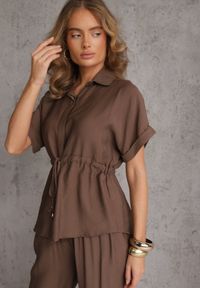 Renee - Brązowy Komplet z Wiskozy Spodnie Wide Leg i Bluzka ze Ściągaczem w Talii Daemnell. Kolor: brązowy. Materiał: wiskoza #3