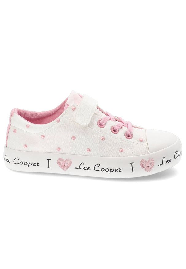 Białe Trampki Lee Cooper Modne Buty Dla Dziewczynki. Okazja: na spacer. Kolor: biały. Materiał: materiał. Wzór: napisy, aplikacja, nadruk