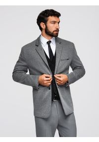 Ombre Clothing - Dzianinowa marynarka męska o dopasowany kroju - grafitowa V1 - Rozmiar: L. Okazja: na spotkanie biznesowe, do pracy, na co dzień. Kolor: szary. Materiał: dzianina. Styl: klasyczny, biznesowy, casual, elegancki