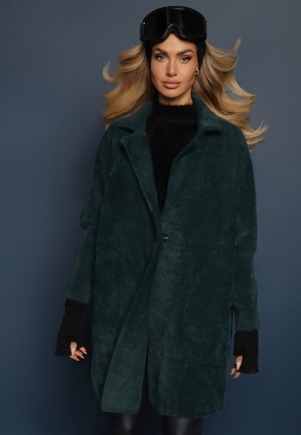 Renee - Ciemnozielony Płaszcz z Bawełną Oversize Brumisia. Kolor: zielony. Materiał: bawełna. Długość rękawa: długi rękaw. Długość: długie. Sezon: jesień, zima