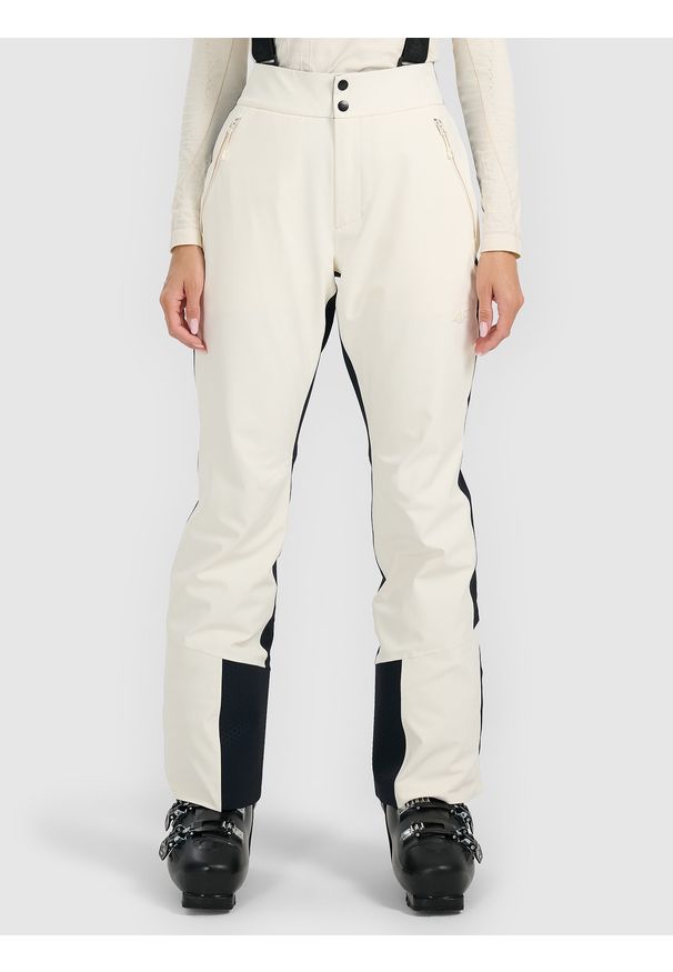 4f - 4F Spodnie narciarskie membrana Dermizax 20000 damskie - białe XS. Stan: podwyższony. Kolor: biały. Materiał: materiał. Technologia: Dermizax. Wzór: gładki. Sezon: zima. Sport: narciarstwo
