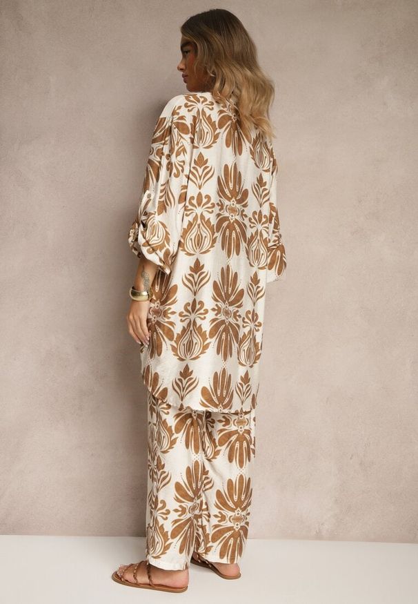 Renee - Ciemnobeżowy Komplet z Wiskozą Spodnie o Szerokim Kroju i Długa Koszula Rinviela. Kolor: beżowy. Materiał: wiskoza