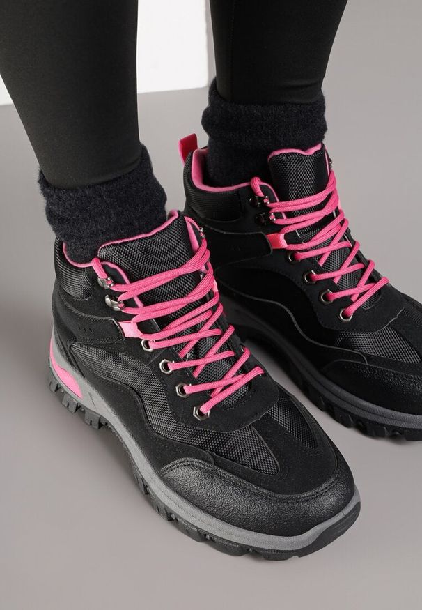 Born2be - Czarno-Fuksjowe Buty Tekkingowe Trapery Vices z Geometrycznym Wzorem Anerisse. Okazja: na co dzień. Kolor: czarny. Materiał: jeans. Wzór: geometria. Styl: casual