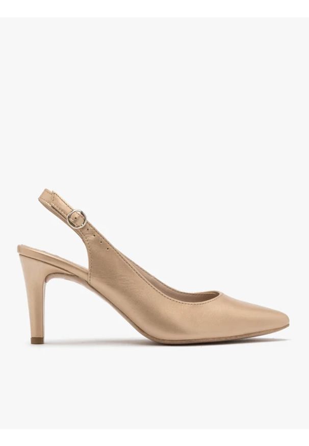Ryłko - Złote czółenka typu slingback. Kolor: złoty. Materiał: skóra. Obcas: na obcasie. Styl: street. Wysokość obcasa: średni