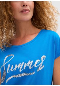 bonprix - Shirt z cekinami. Kolor: niebieski. Wzór: napisy #3
